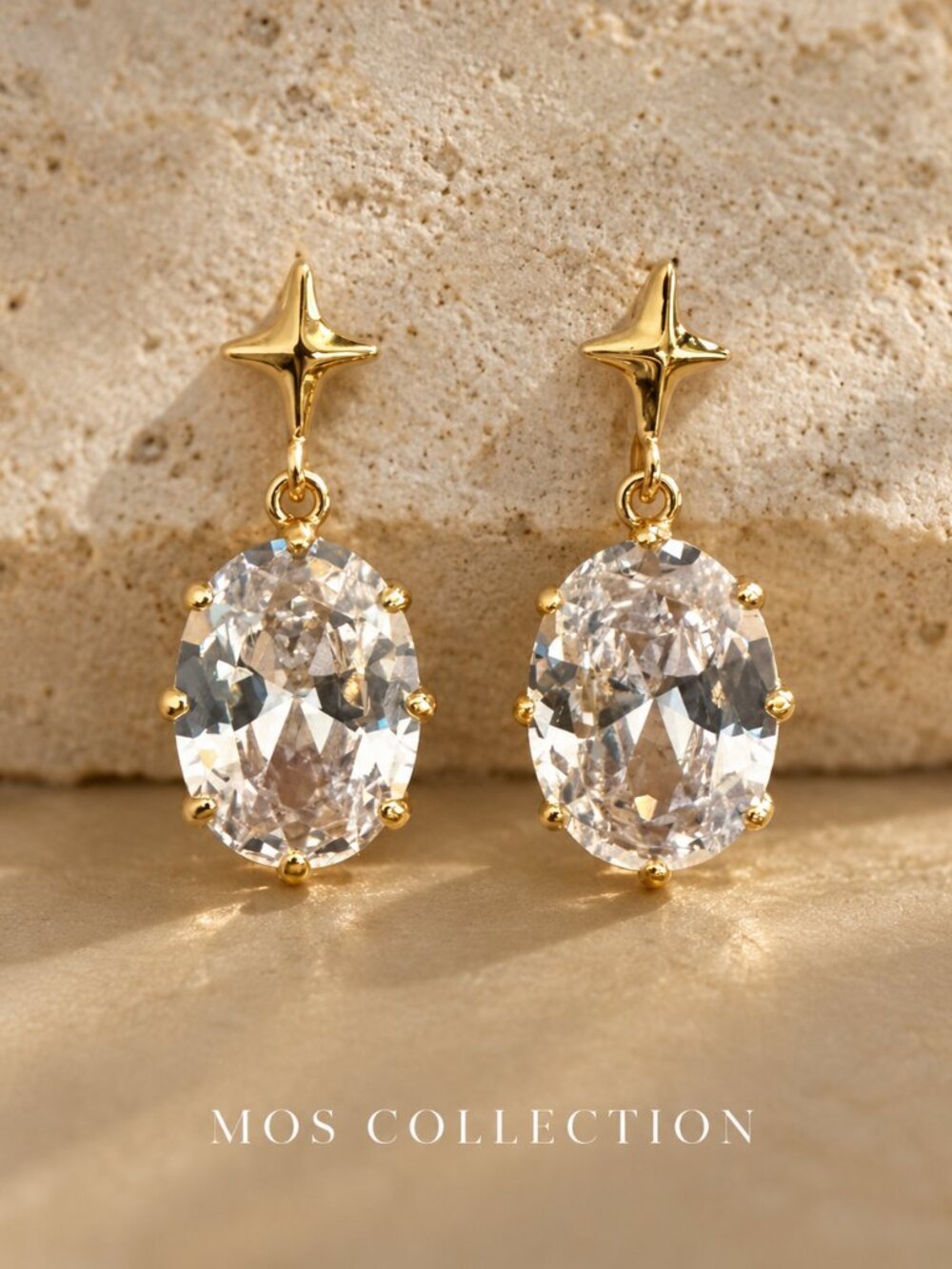18k Gold Oval CZ Crystal Star Drop Dangle Statement MOS Collection